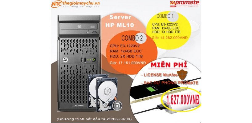 Mua Combo máy chủ HP ML10, miễn phí giải pháp Antivirus License, bộ sạc dự phòng Promate nhân dịp Lễ Quốc khánh 02 tháng 09.